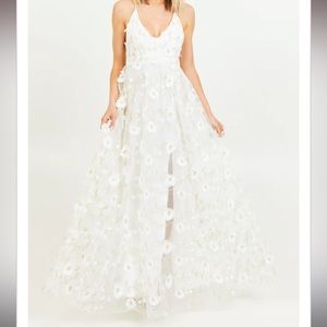 Altar’d State Arabella Maxi Dress white, floral, gold accents, deep v, backless